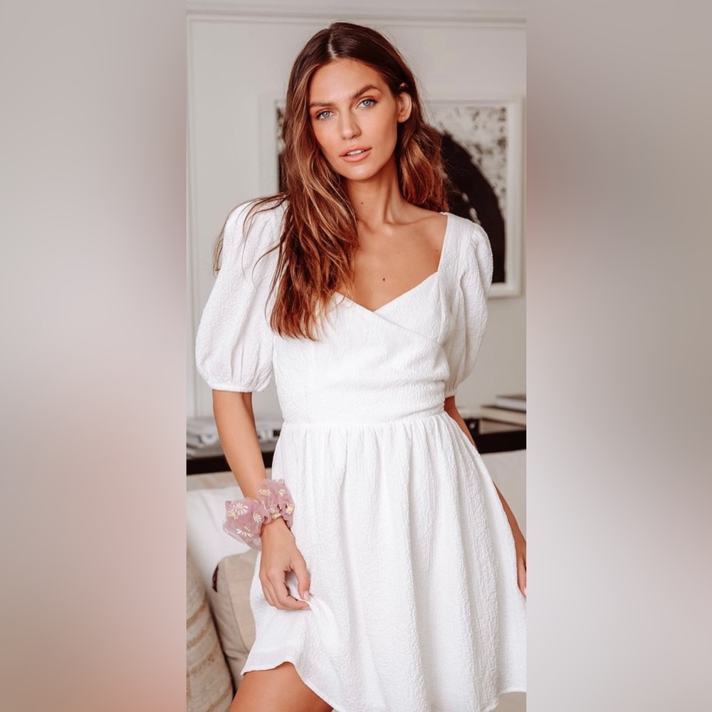 Lulu’s Little Bit In Love White Surplice Puff Sleeve Mini Dress